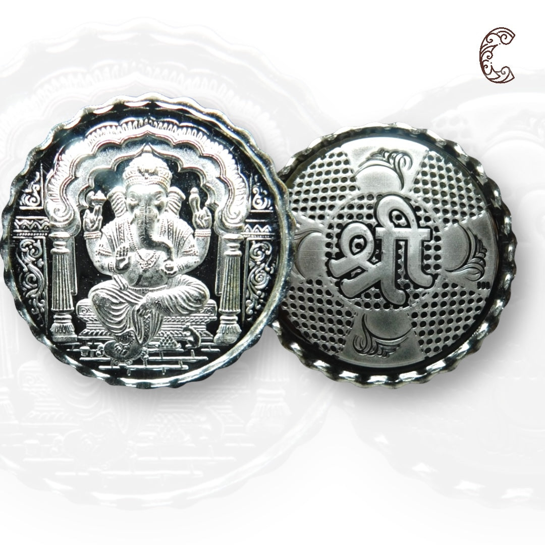 God Ganesh - Silver Coin 24KT Purity 999 Round Shape - Backside Shree - Coin Rituals