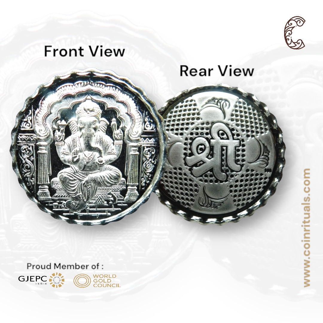 God Ganesh - Silver Coin 24KT Purity 999 Round Shape - Backside Shree - Coin Rituals