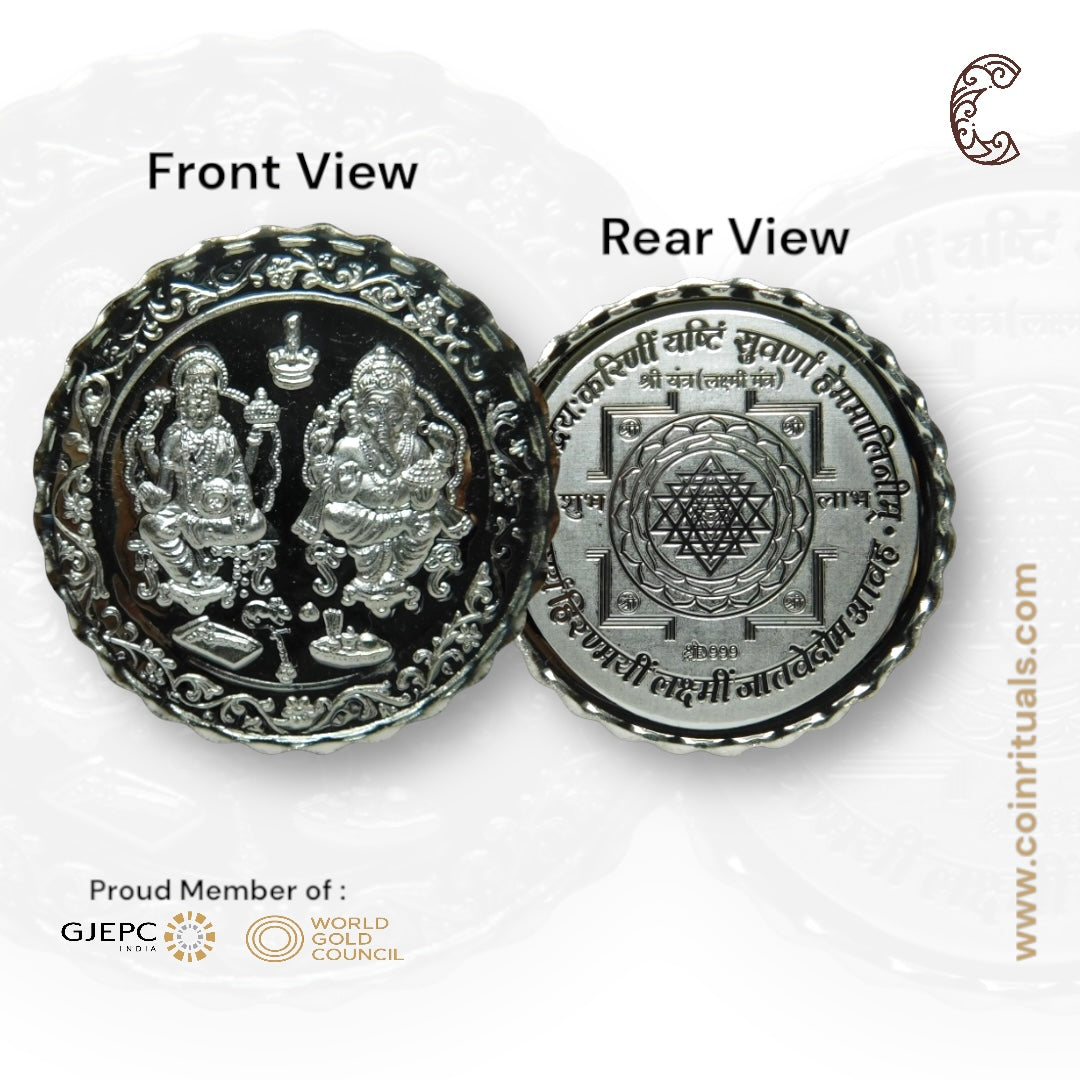 God Ganesh & Lakshmi - 3D Silver Coin 24KT Purity 999 Round Shape - Backside Shree Yantra - Coin Rituals