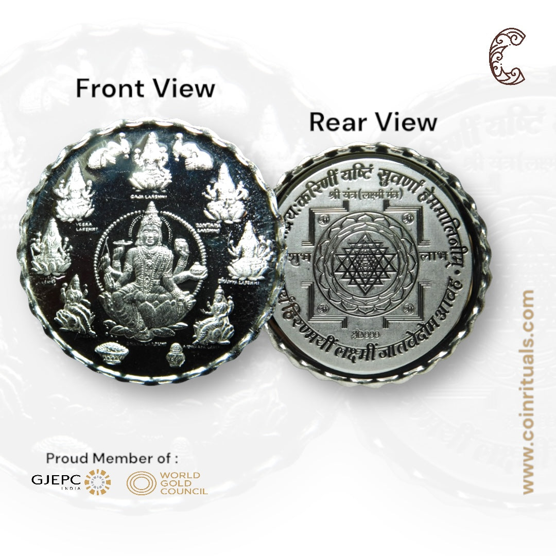 Goddess Ashta Laskhmi - 3D Silver Coin Purity 999 Round Shape - Back side Shree Yantra - Coin Rituals