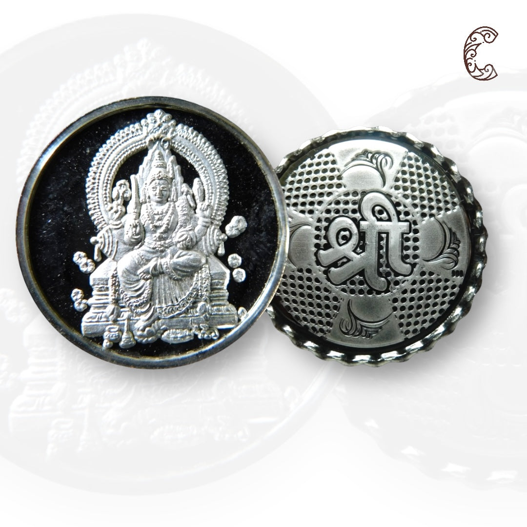 Goddess Aadishakti - 3D Silver Coin 24KT Purity 999 Round Shape - Backside Shree - Coin Rituals