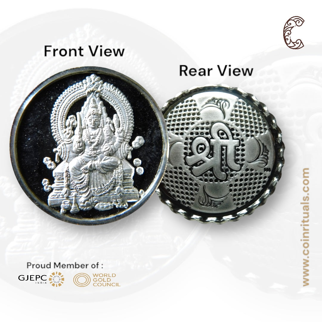 Goddess Aadishakti - 3D Silver Coin 24KT Purity 999 Round Shape - Backside Shree - Coin Rituals