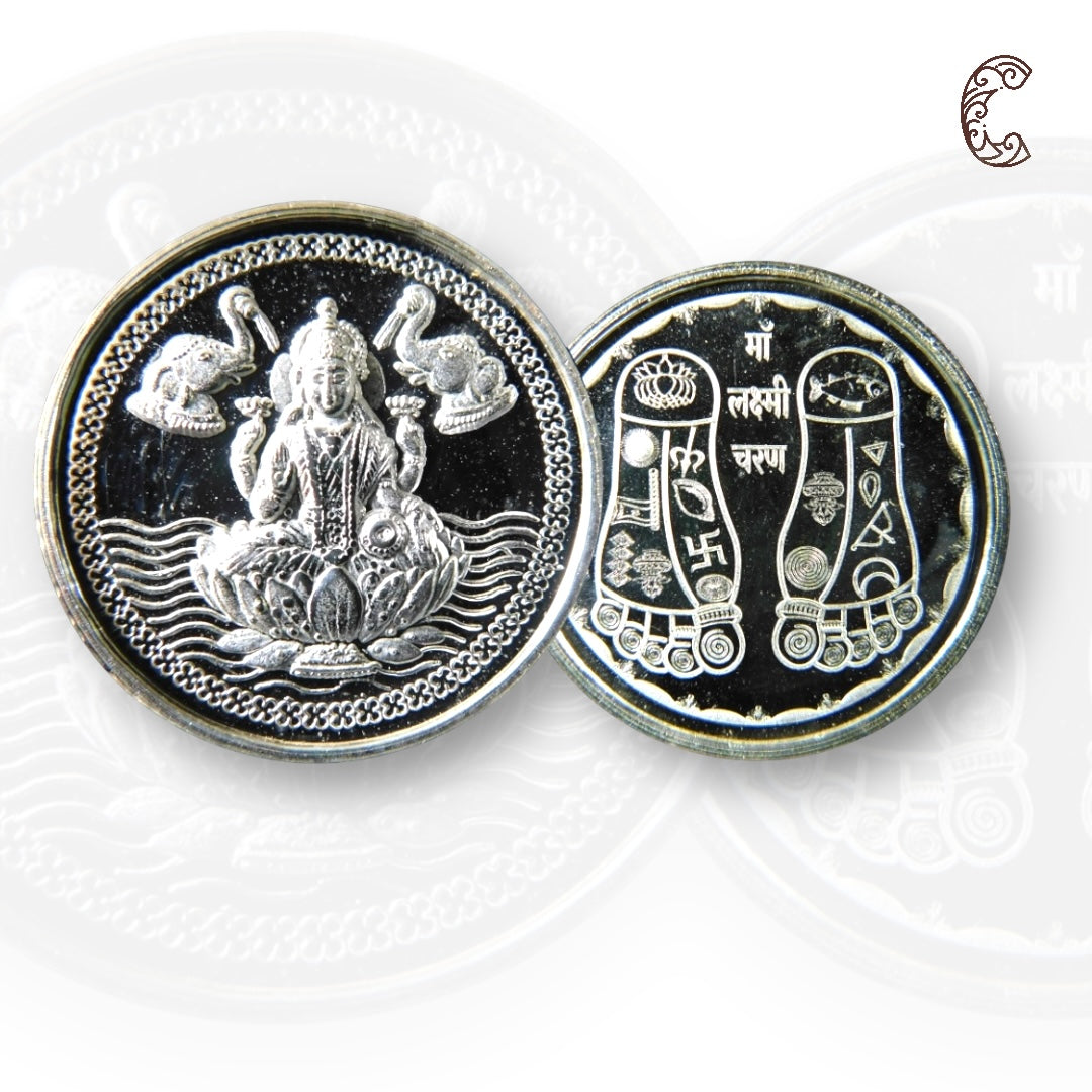 Goddess Lakshmi - 3D Silver Coin 24KT Purity 999 Round Shape - Backside Shree Charan - Coin Rituals