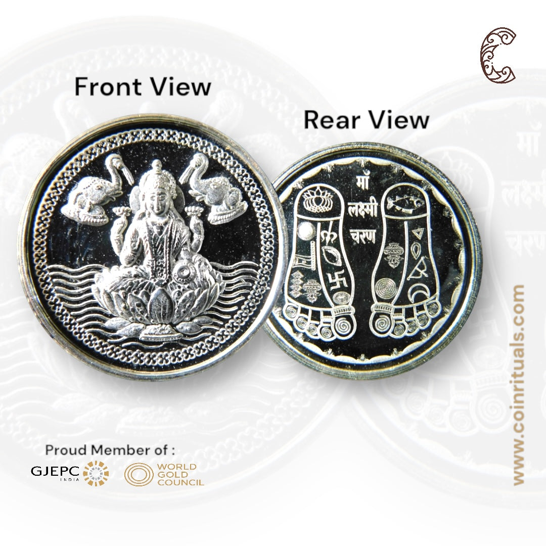 Goddess Lakshmi - 3D Silver Coin 24KT Purity 999 Round Shape - Backside Shree Charan - Coin Rituals