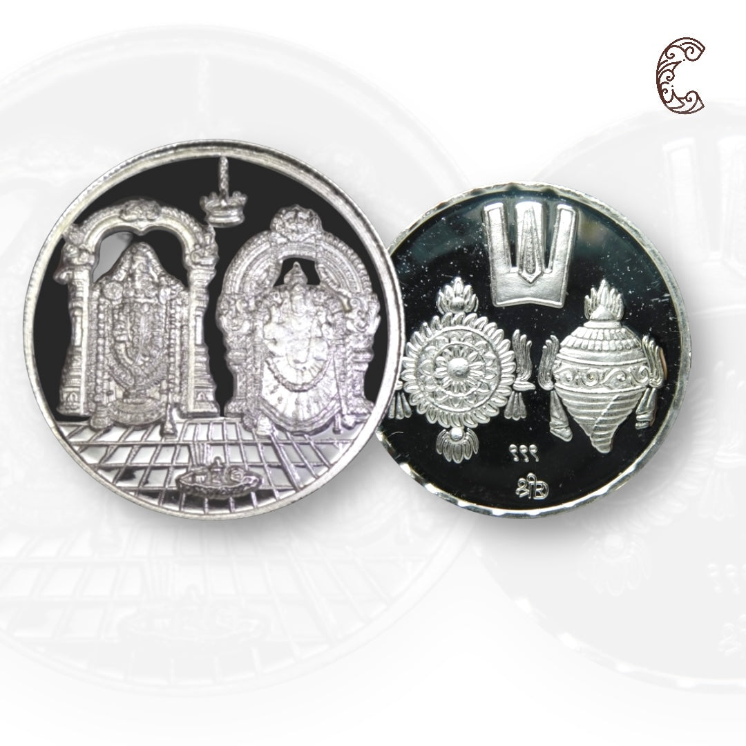 God Balaji Padmavati - 3D Silver Coin 24KT Purity 999 Round Shape - Backside Shankh Chakra Tilak - Coin Rituals