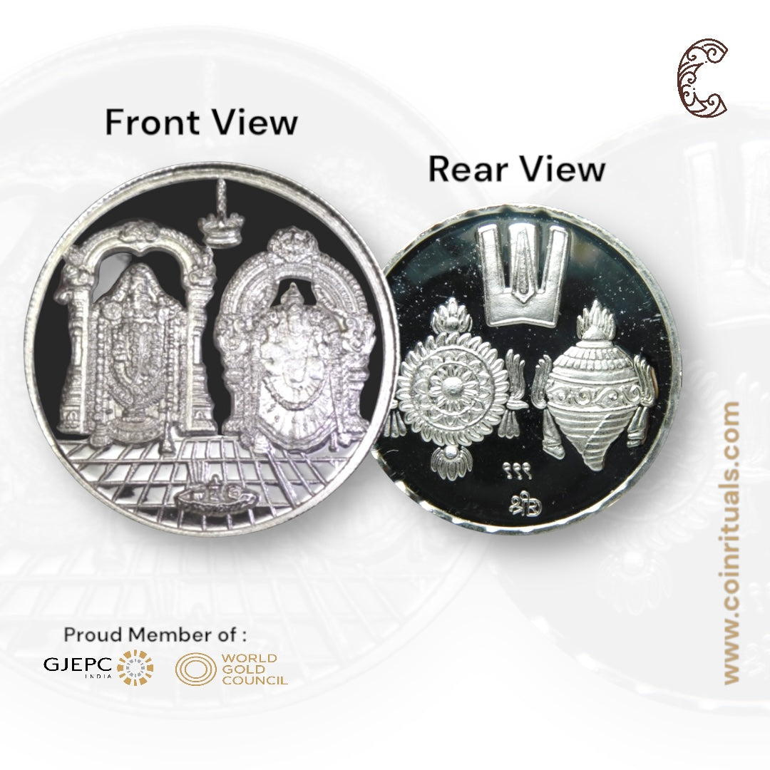 God Balaji Padmavati - 3D Silver Coin 24KT Purity 999 Round Shape - Backside Shankh Chakra Tilak - Coin Rituals