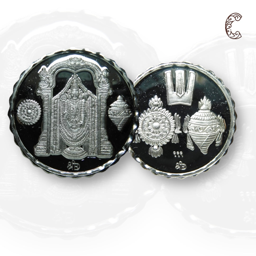 God Balaji - Silver Coin 24KT Purity 999 Round Shape - Backside Shankh Chakra Tilak - Coin Rituals