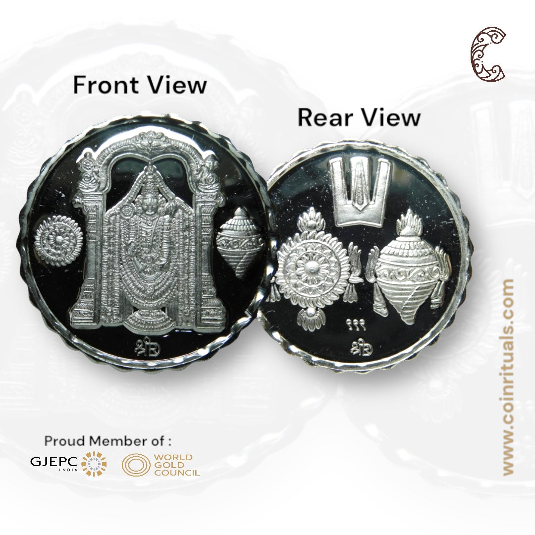 God Balaji - Silver Coin 24KT Purity 999 Round Shape - Backside Shankh Chakra Tilak - Coin Rituals