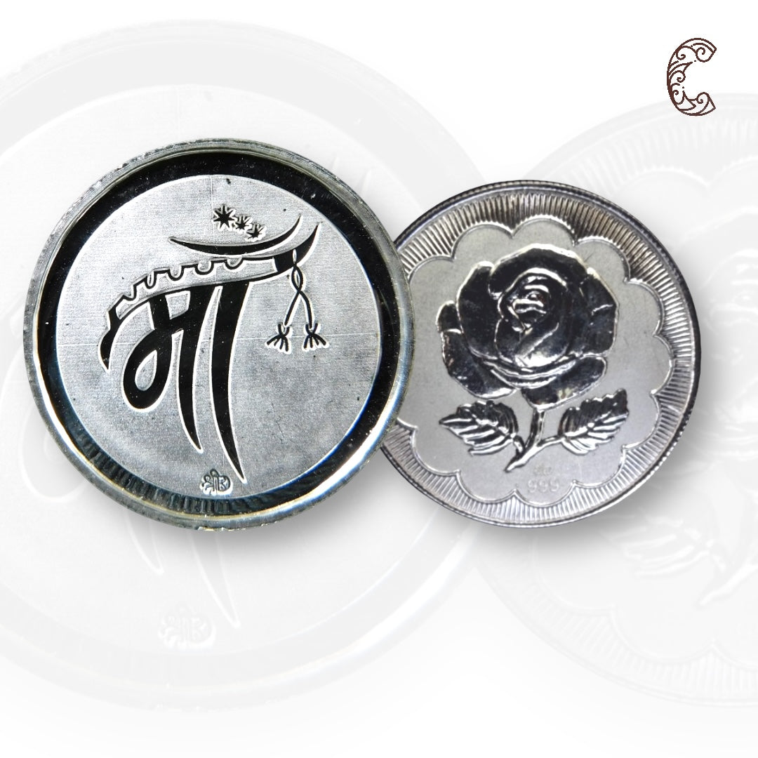 Maa - 3D Silver Coin 24KT Purity 999 Round Shape Front side   - Backside Rose - Coin Rituals