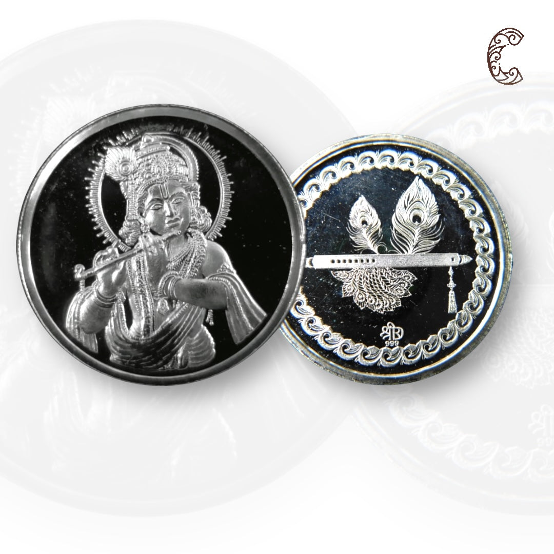 God Krishna - 3D Silver Coin 24KT Purity 999 Round Shape - Backside Feather And Flute/Basuri - Coin Rituals