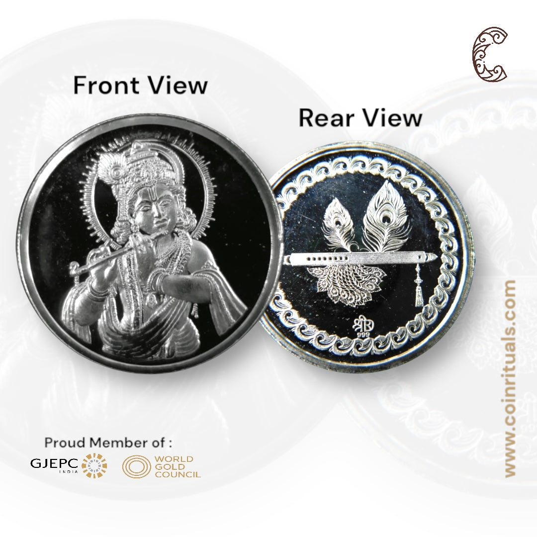 God Krishna - 3D Silver Coin 24KT Purity 999 Round Shape - Backside Feather And Flute/Basuri - Coin Rituals