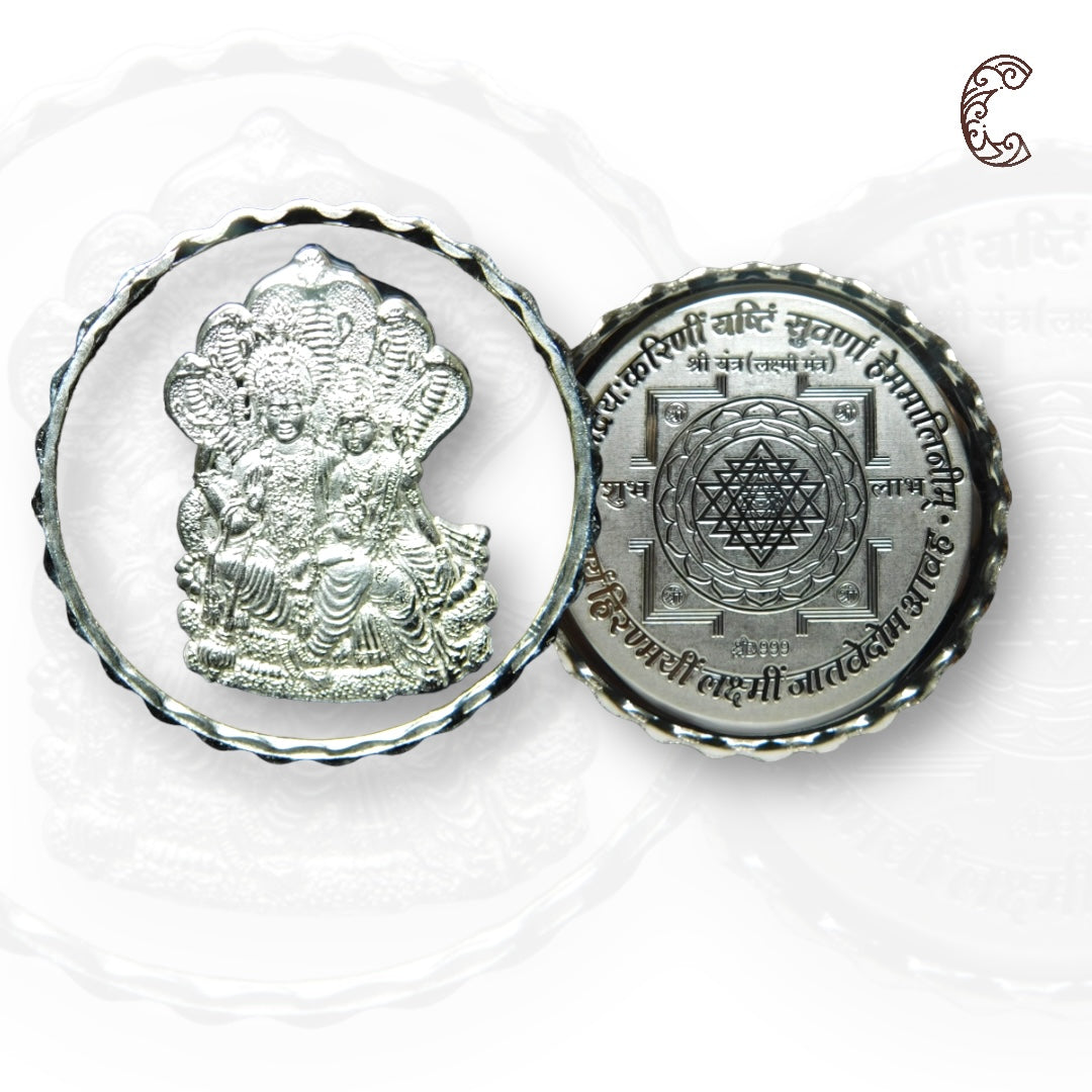 Goddess Lakshmi & Narayana - 3D Silver Coin 24KT Purity 999 Round Shape  - Backside Shree Yantra - Coin Rituals