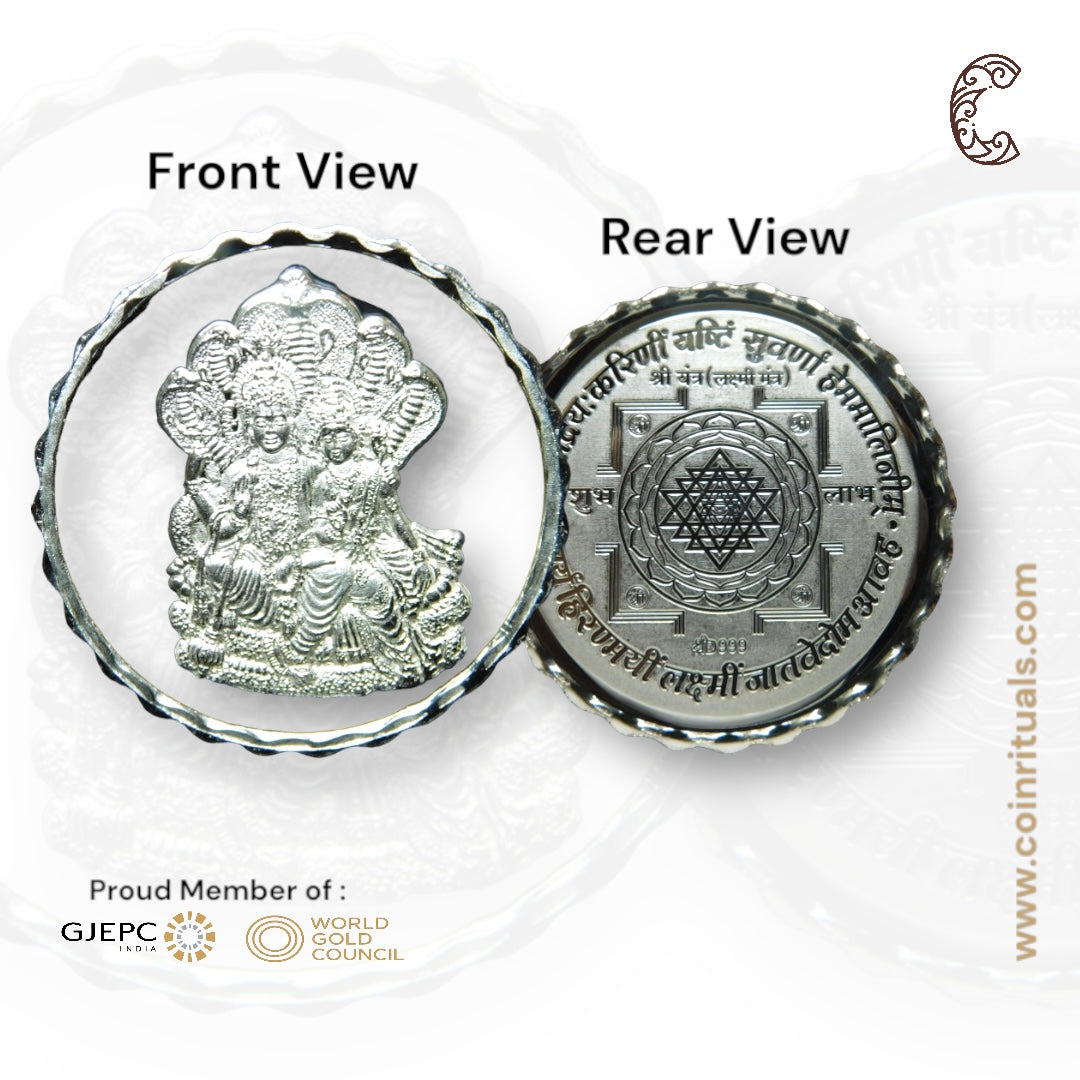 Goddess Lakshmi & Narayana - 3D Silver Coin 24KT Purity 999 Round Shape  - Backside Shree Yantra - Coin Rituals