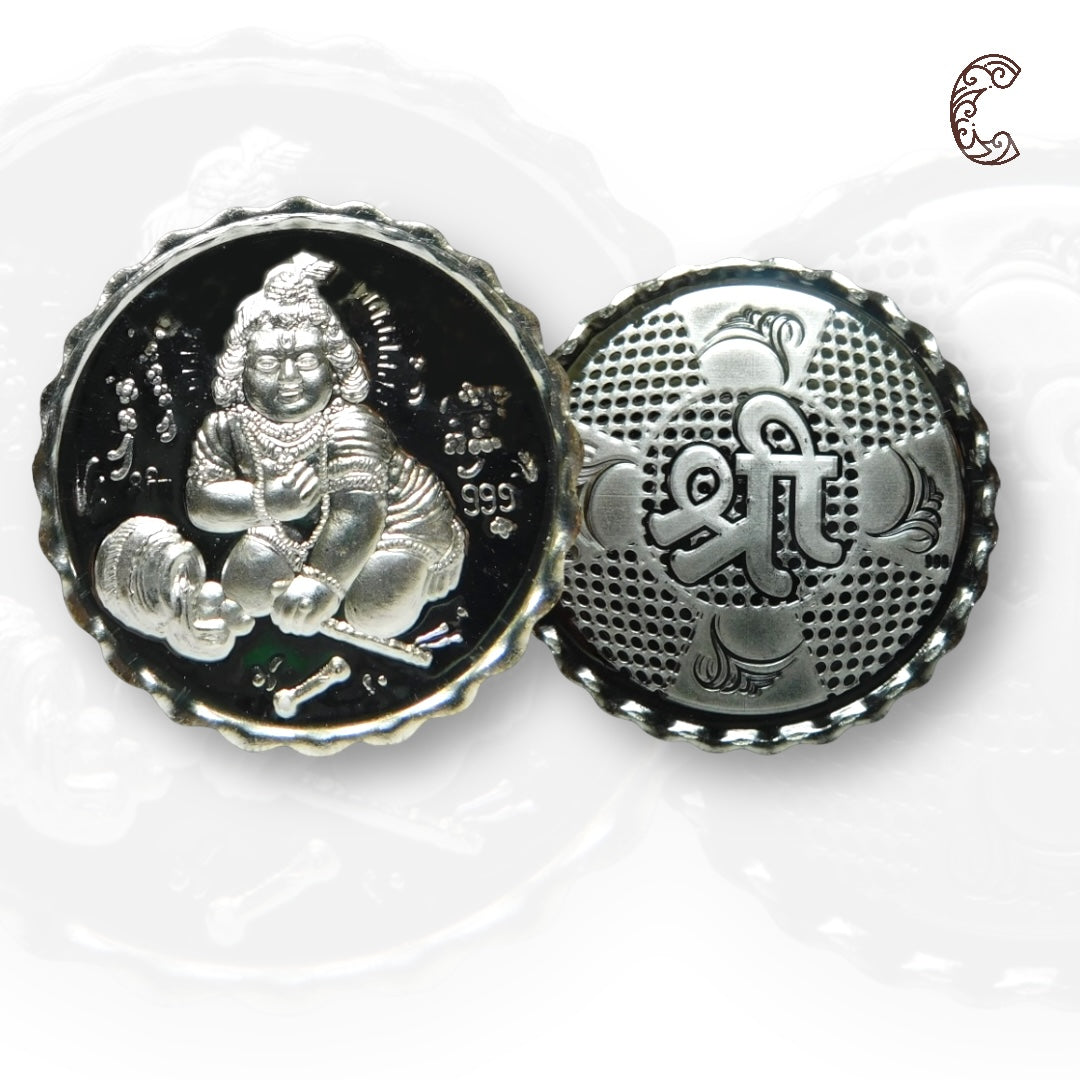 God Laddu Gopal - 3D Silver Coin 24KT Purity 999 Round Shape Front side- Backside Shree - Coin Rituals