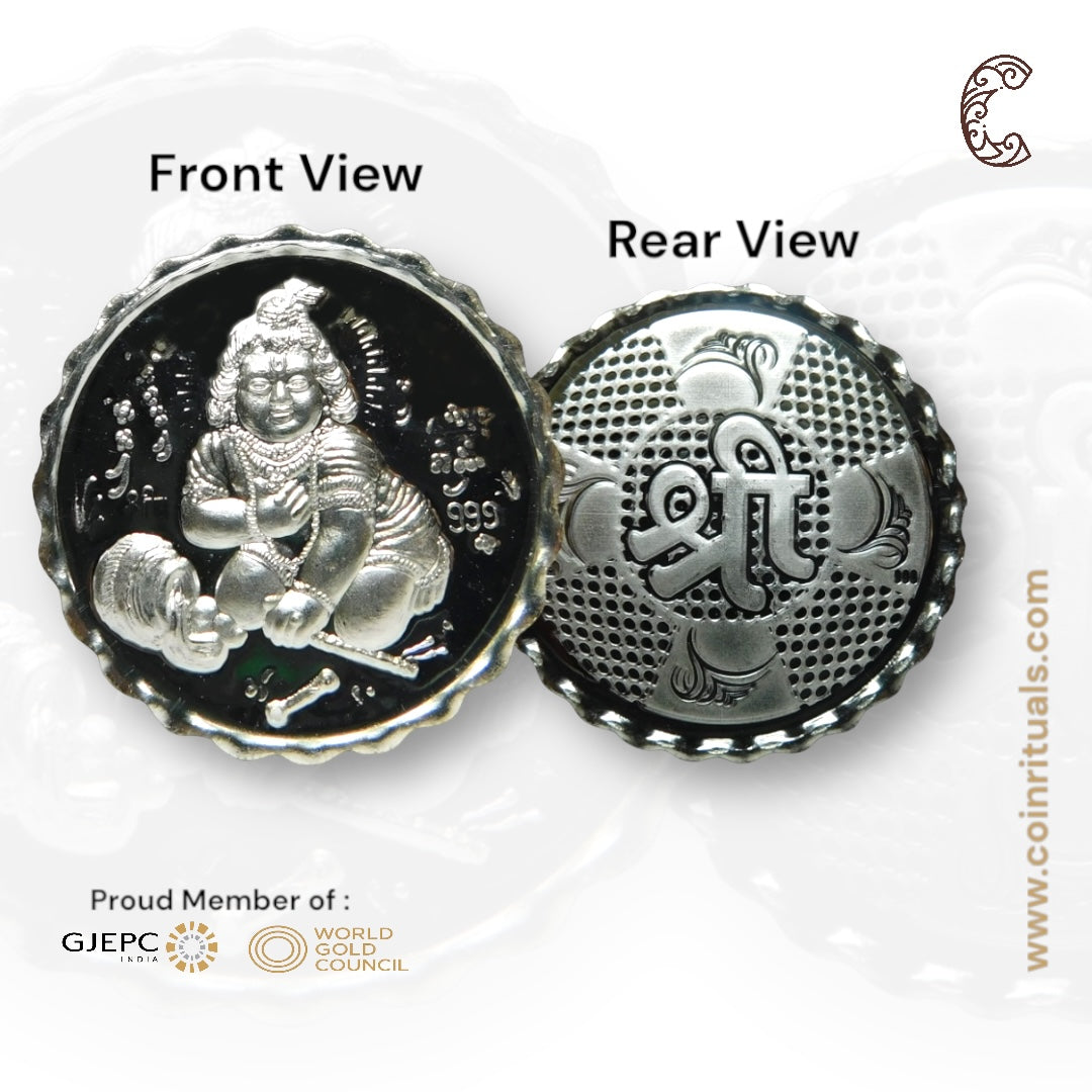 God Laddu Gopal - 3D Silver Coin 24KT Purity 999 Round Shape Front side- Backside Shree - Coin Rituals