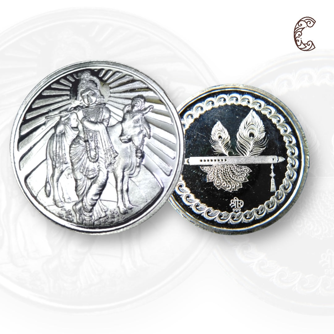 God Krishna With Cow/Gau Mata - 3D Silver Coin 24KT Purity 999 Round Shape - Backside Feather And Flute/Basuri - Coin Rituals