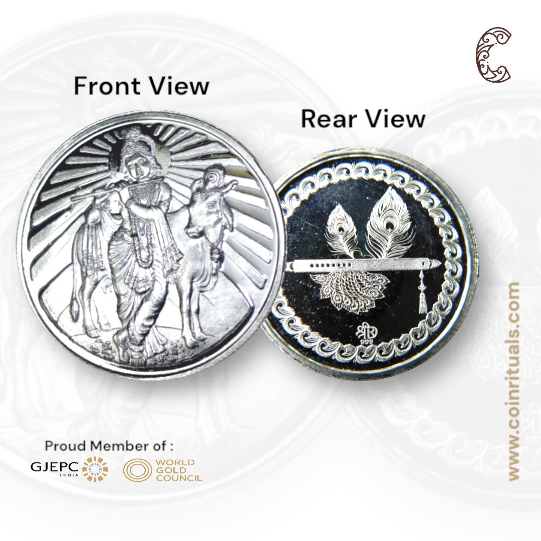 God Krishna With Cow/Gau Mata - 3D Silver Coin 24KT Purity 999 Round Shape - Backside Feather And Flute/Basuri - Coin Rituals