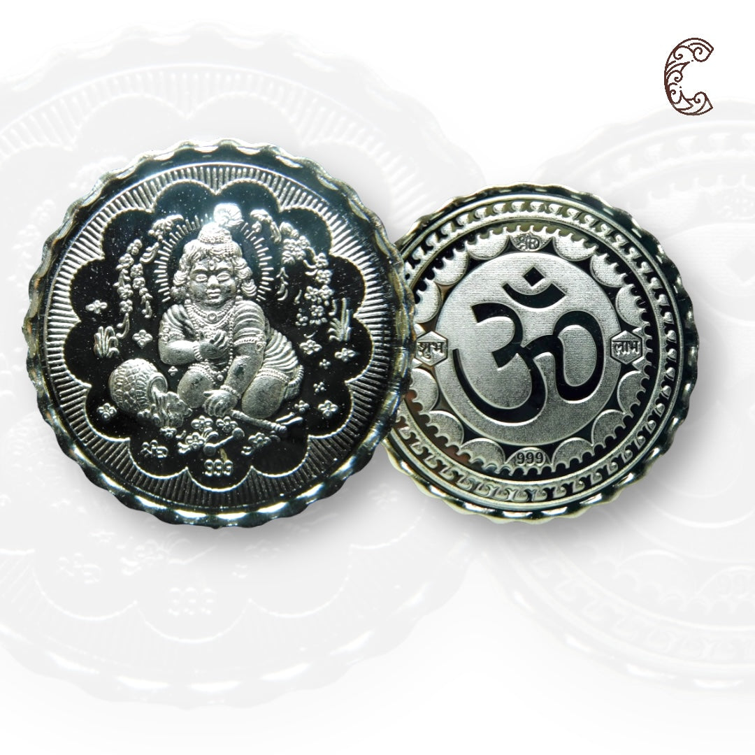 God Laddu Gopal - 3D Silver Coin 24KT Purity 999 Round Shape - Backside Om - Coin Rituals