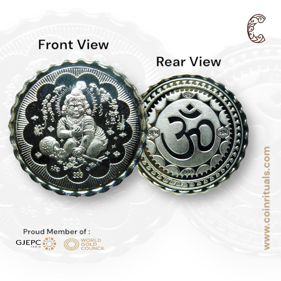 God Laddu Gopal - 3D Silver Coin 24KT Purity 999 Round Shape - Backside Om - Coin Rituals