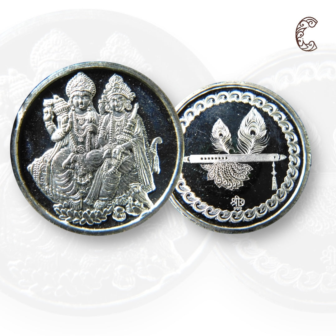 Goddess Lakshmi & Vishnu - 3D Silver Coin 24KT Purity 999 Round Shape - Backside Feather And Flute/Basuri - Coin Rituals