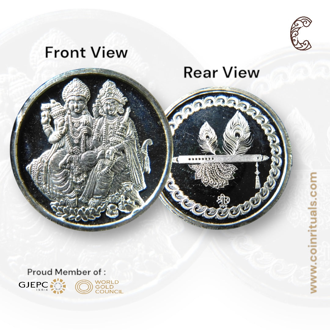 Goddess Lakshmi & Vishnu - 3D Silver Coin 24KT Purity 999 Round Shape - Backside Feather And Flute/Basuri - Coin Rituals